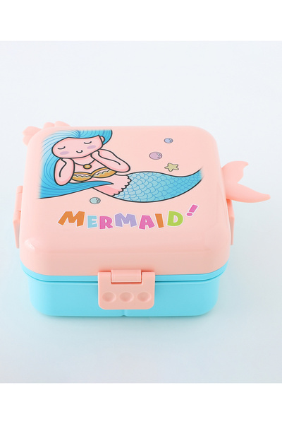 Fab N Funky Kids Lunch Box with Spoon and Container, Mermaid Theme, Spacious - Peach and Blue