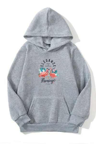 CLAYES Unisex Gray Hooded Sweatshirt – Flamingo Printed, Raised Thick Fabric
