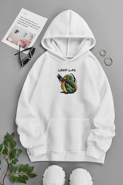 CLAYES Unisex White Hooded Sweatshirt – Lego Las, Printed Thick Fabric