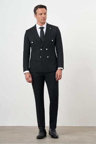 Morven Men's Black Polyviscon Trend Double Breasted Slim Fit Pointed Collar Suit
