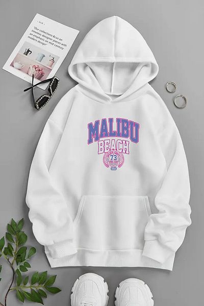 CLAYES Unisex White Hooded Sweatshirt – Malibu Beach 73, Printed Thick Fabric