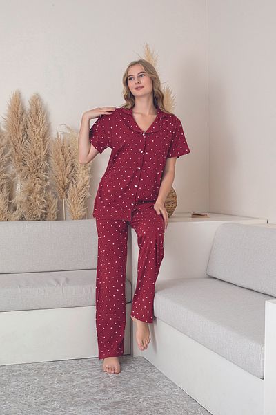 Line Smart Women's 100% Natural Cotton Heart Shirt Collar Short Sleeve Pajamas Set