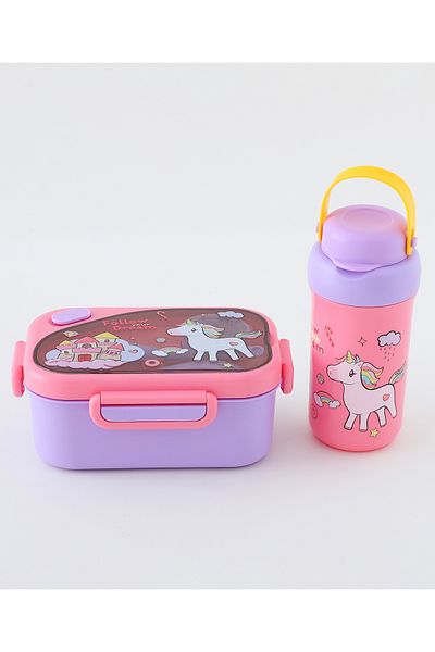 Fab N Funky Kids Lunch Box and Water Bottle Set w/ Unicorn Theme - Pink and Lavender