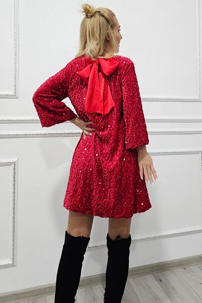 FashionForYou Tamina flared evening dress, with sequins and oversized bow at the back, Red, Size S/M/L