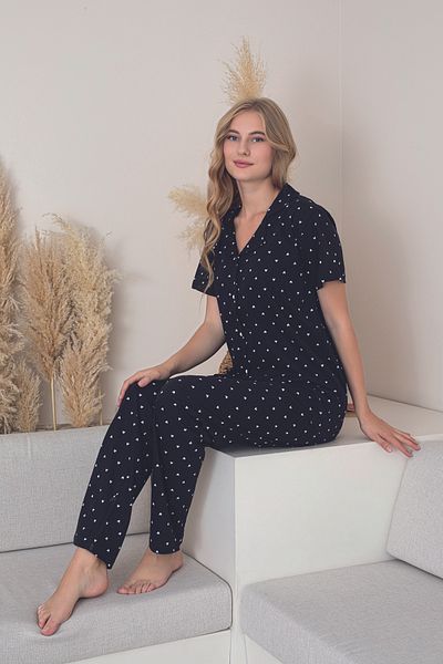 Line Smart Women's 100% Natural Cotton Heart Shirt Collar Short Sleeve Pajamas Set
