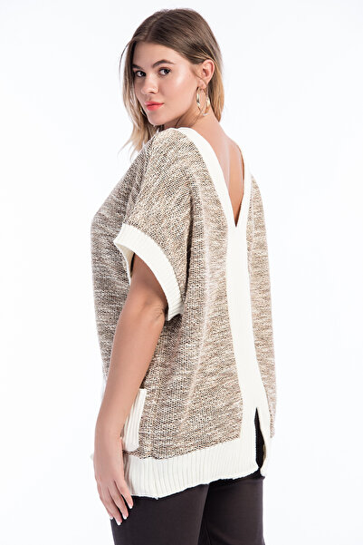 Şans Women's Plus Size Mink, Color Combination Pocket Knitwear Tunic 65N39055