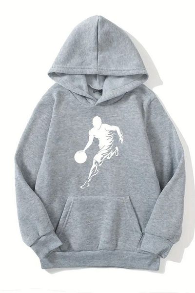 CLAYES Unisex Gray Hooded Sweatshirt – Basketball Printed, Thick Fabric with Hood
