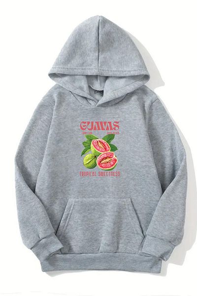 Sweetline Unisex Gray Hooded Sweatshirt – Guavas Printed, Thick Fabric with Hood