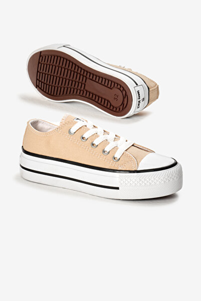 Tonny Black Çocuk Unisex Bej Termo Kalın Taban Bağcıklı Keten Spor Ayakkabı