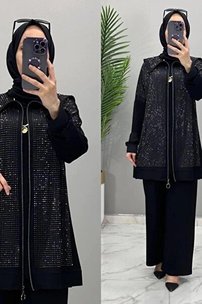 ALYA SET CU PIETRE SUPERB cu pietre aplicate Combinație de pantaloni tunică din 2 piese, elegantă și elegantă