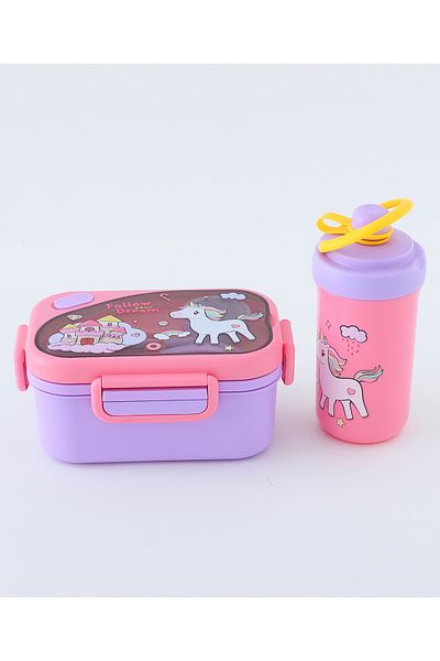 Fab N Funky Kids Lunch Box and Water Bottle Set Unicorn Theme, Dual Compartment, Spacious - Pink and Lavender