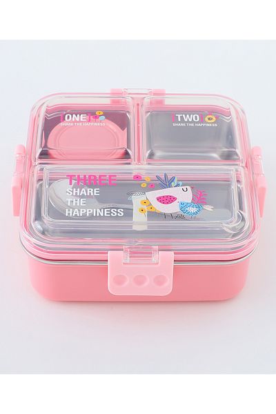 Fab N Funky Kids Lunch Box with Cutlery and Container, Bird Theme, Organized, Durable - Pink
