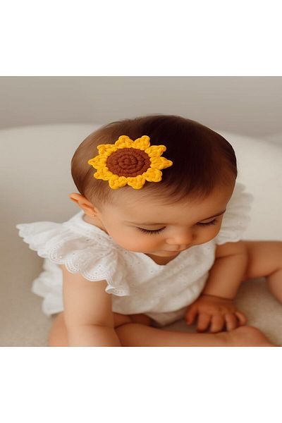 COLORFULLCLİPS Sunflower Model Hand Knitted Filled Baby Buckle – 3.4 cm Snap, for Babies with Less Hair