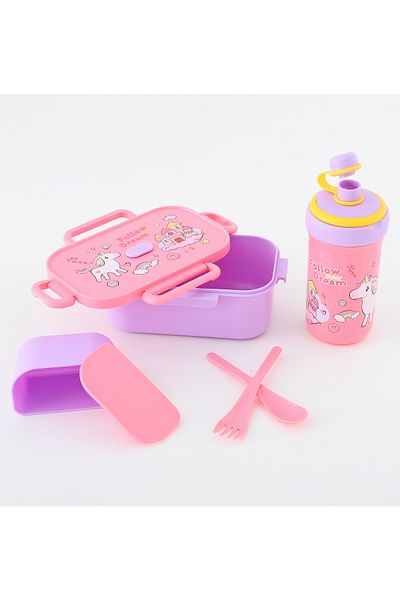 Fab N Funky Kids Lunch Box and Water Bottle Set with Accessories, Unicorn Theme - Pink and Lavender