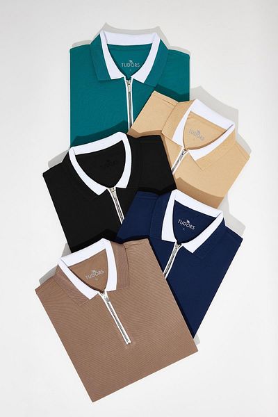 Tudors Men's 5-Pack Navy-Black-Mink-Green-Sand Slim Fit Cotton Solid Zipper Pique Polo Neck T-Shirt