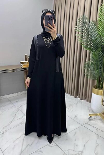 Genel Markalar ASYA ELBİSE Belis Pamuklu Kristal kumaş Kadın Siyah Deri Detay...