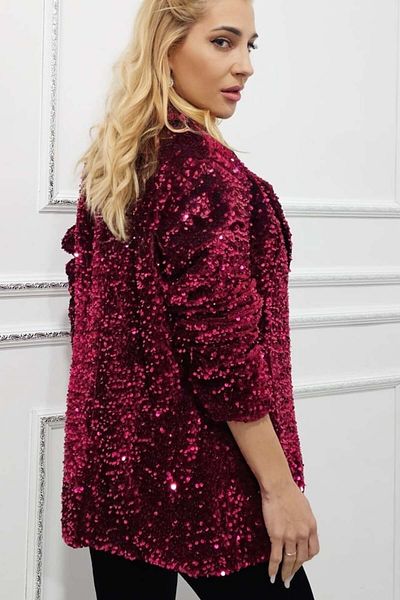 FashionForYou Hermina elegant women's jacket, with sequins and button fastening, Red, Size S/M