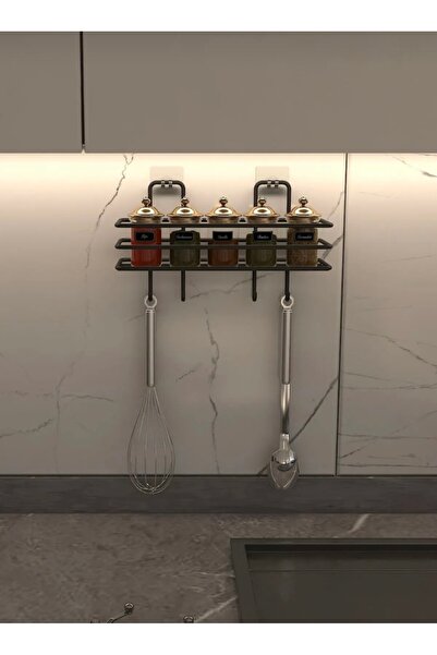 EGE HOME STORE Siyah yapışkanlı 4 kancalı banyo rafı baharatlık banyo rafı şampuanlık duş askısı