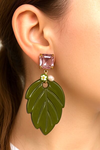 TAKIŞTIR أقراط على شكل أوراق شجر مرصعة بالأحجار متعددة الألوان (زوج)