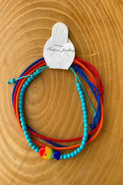 Shepidi 4'lü renkli murano balık ve boncuk,laci kırmızı turuncu ip halhal