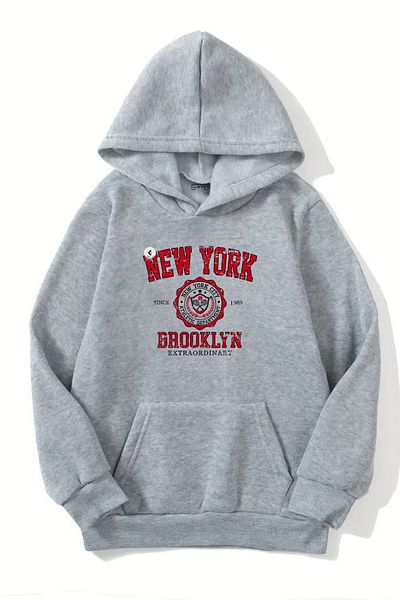 Sweetline Unisex Gray Hooded Sweatshirt – New York Brooklyn Printed, Thick Fabric with Hood