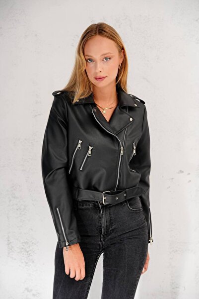 DENİKK Jachetă din piele tip crop, cu curea și detalii cu fermoar, în tendințe