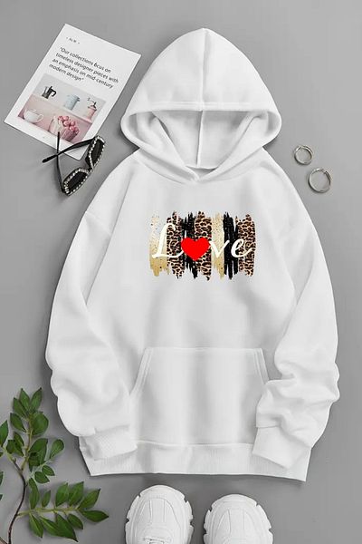 CLAYES Unisex White Hooded Sweatshirt – Love Pattern, Printed Thick Fabric
