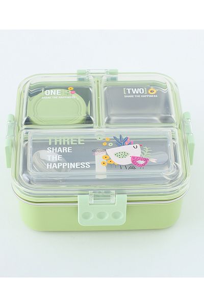 Fab N Funky Kids Lunch Box with Cutlery and Container, Bird Theme, Organized - Green