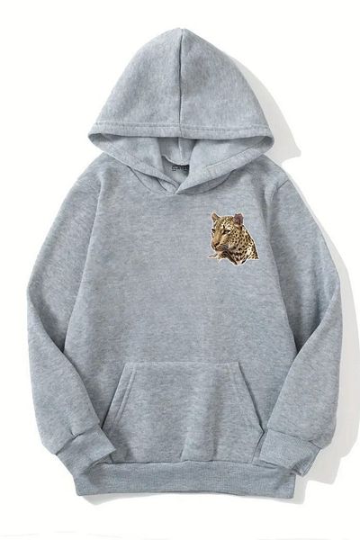 Sweetline Unisex Gray Hooded Sweatshirt – Minimal Patterned Leopard, Raised Thick Fabric