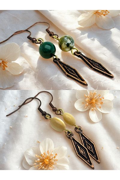 ayrestyle Indian Akiki & Natural Stone 2-Piece Dangle Dark Copper Color Zamak Plated Long Earrings