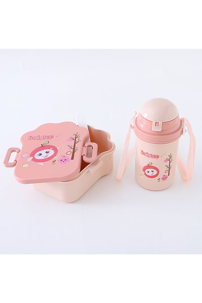 Fab N Funky Kids Lunch Box with Spoon and Water Bottle, Fruit Tree Theme, Dual Compartment - Peach