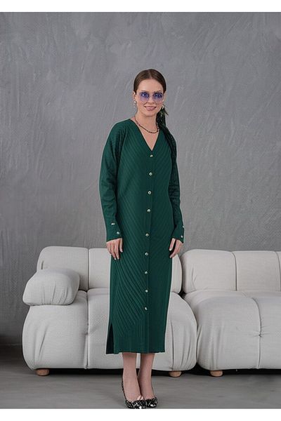 FLEX FASHION Women's Trend Thin Textured V-Neck 125 cm Pocketless Popular Long Cardigan (Green)