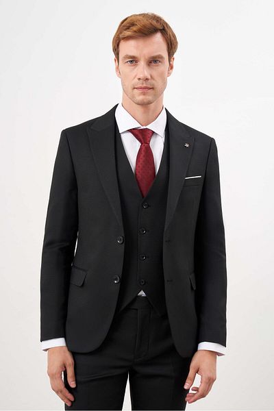 Morven Men's Black Polyviscon Basic Vest Jacquard Pattern Slim Fit Pointed Collar Suit