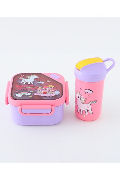 Fab N Funky Kids Lunch Box and Water Bottle Set w/ Accessories, Unicorn Theme - Pink and Lavender
