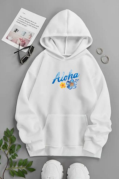 VBSVİBES Unisex White Hooded Sweatshirt – Aloha Flower, Printed Thick Fabric