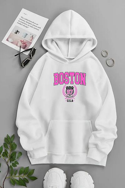 Sweetline Unisex White Hooded Sweatshirt – Boston Usa, Printed Hooded Thick Fabric