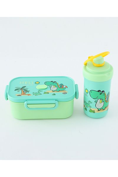 Fab N Funky Kids Lunch Box and Water Bottle Set with Accessories, Dinosaur Theme - Green