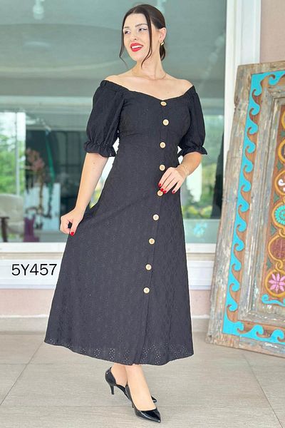 İnce Topuk Front Button Short Sleeve Brode Dress 5Y457