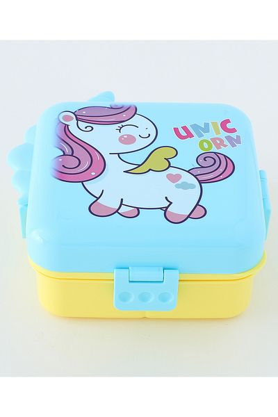 Fab N Funky Kids Lunch Box with Cutlery and Container, Unicorn Theme, Spacious - Blue and Yellow