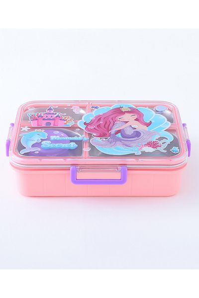 Fab N Funky Kids Lunch Box with Cutlery and Container, Mermaid Theme, Spacious, Organized - Pink