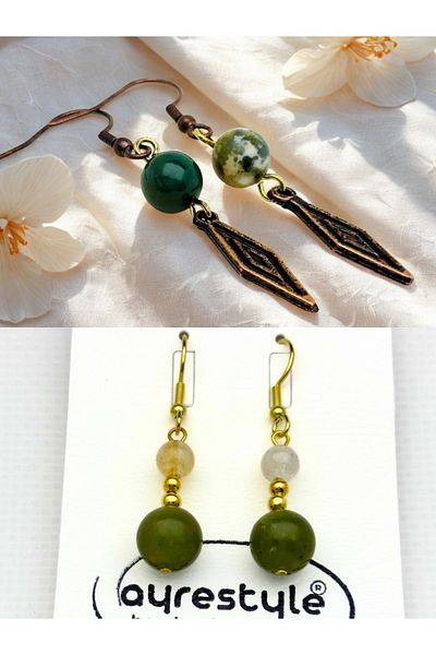 ayrestyle Indian Akiki & Jade & Citrine Natural Stone 2-Piece Dangle Multicolored Zamak Plated Long Earrings
