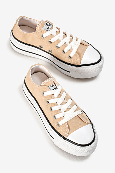 Tonny Black Çocuk Unisex Bej Termo Kalın Taban Bağcıklı Keten Spor Ayakkabı