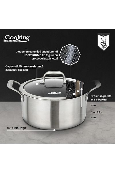 Heinner Stainless steel saucepan with lid, size 20x10 cm, 2.8l, HONEYCOMB ceramic coating, Titanium