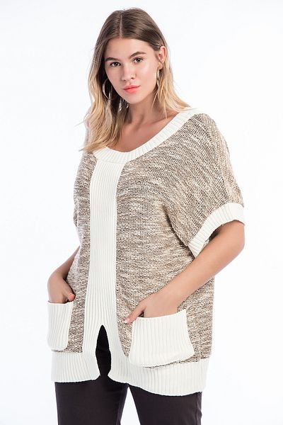 Şans Women's Plus Size Mink, Color Combination Pocket Knitwear Tunic 65N39055