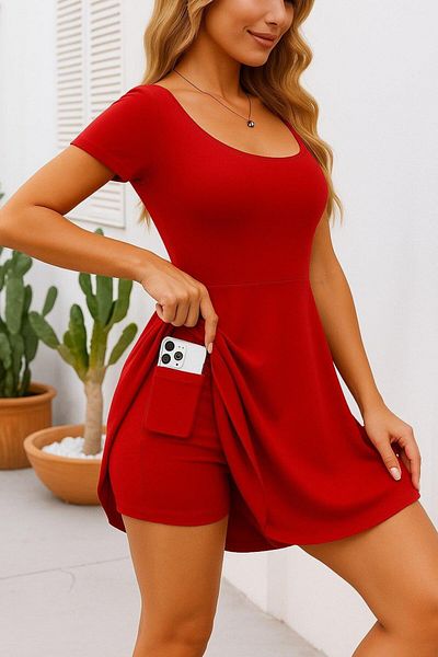 modamtn Women's Short Sleeve Square Neck Short Detailed Pocket Diving Dress