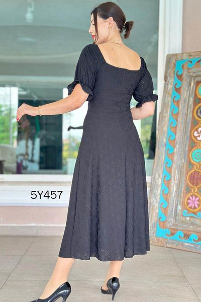 İnce Topuk Front Button Short Sleeve Brode Dress 5Y457