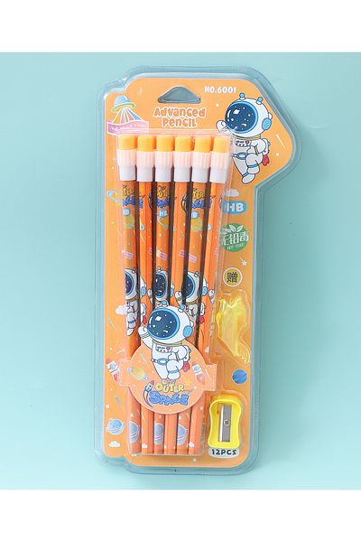 Fab N Funky Astronaut Theme HB Pencils With Sharpener and Pencil Grip, Ergonomic Design Orange - 14 Pieces