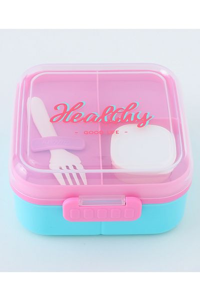 Fab N Funky Kids Lunch Box with Cutlery and Container, Healthy Theme - Pink and Blue