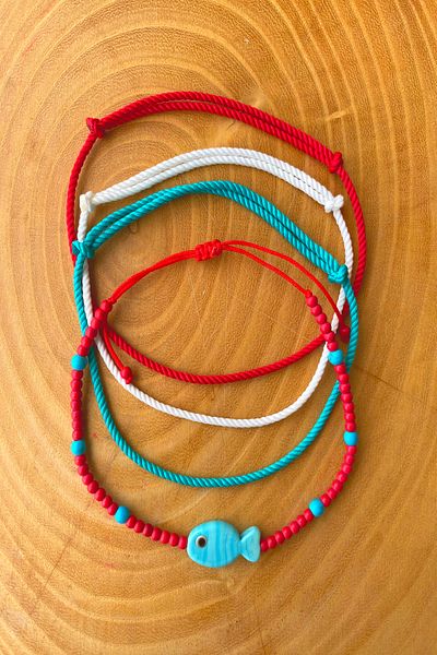 Shepidi 4 Murano Fish and Beads Red Blue White String Anklet