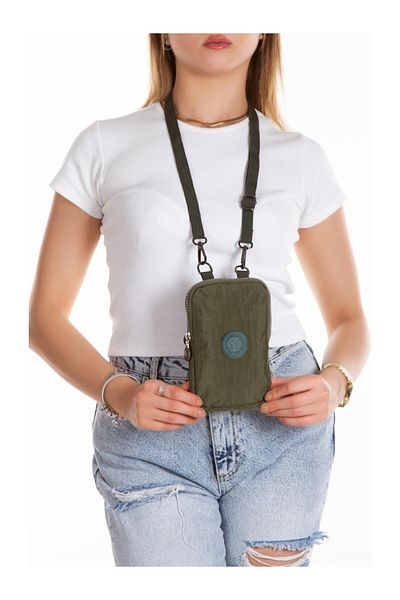Newish Polo Women's Khaki Crinkle Fabric Phone Holder Casual Wallet and Shoulder Bag